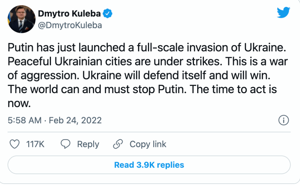 Ukraine's Minister of Foreign Affairs tweet